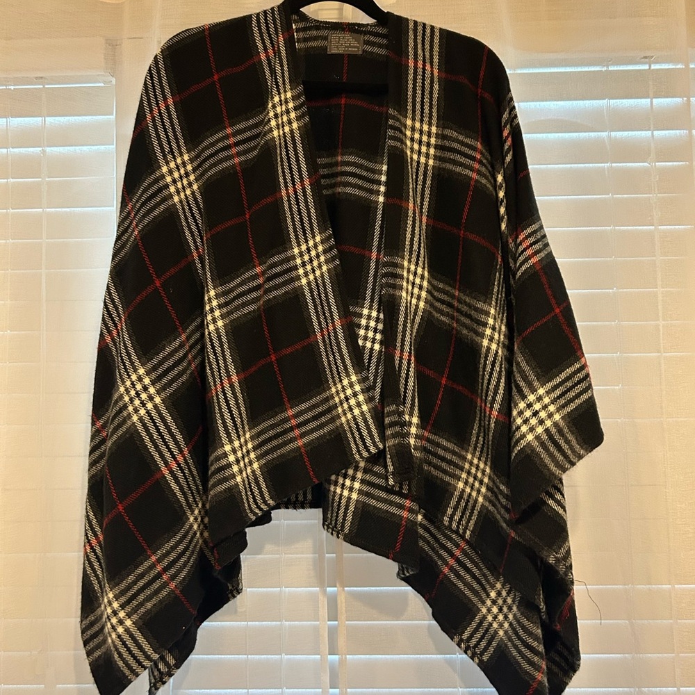 Plaid Poncho with Red and White Accents